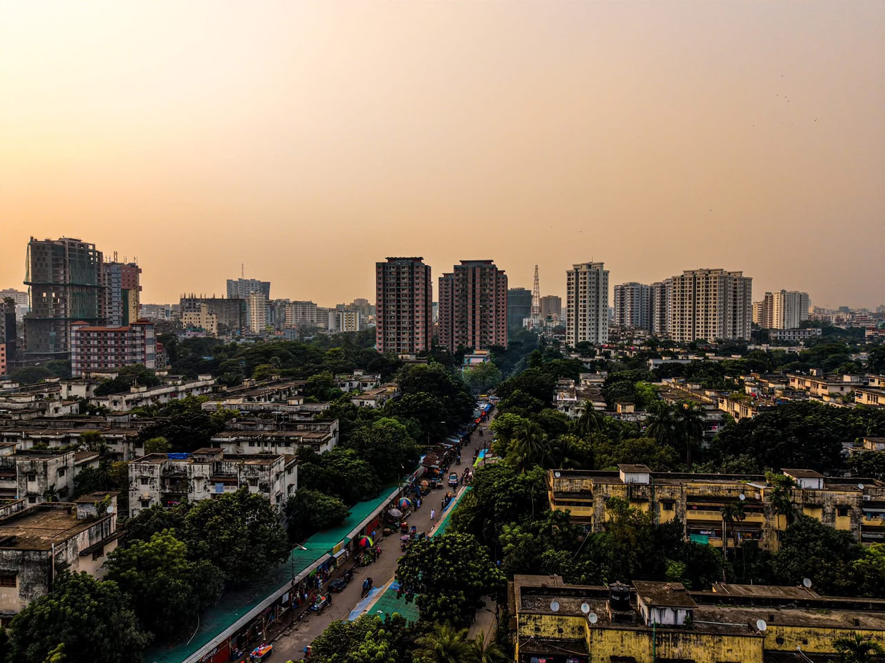 Dhaka skyline during golden hour